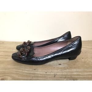 Miu Mui Shoes 37 Black Patent Leather Tortoise Shell Link Slip On Pumps Italy